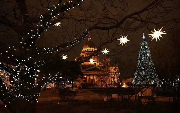 Decorações Elétricas Ano Novo Natal Cidade Catedral São Isaac — Fotografia de Stock