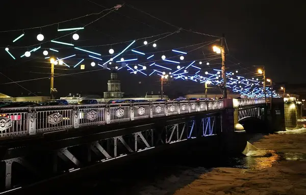 Decorações Elétricas Ano Novo Natal Cidade Palace Bridge — Fotografia de Stock