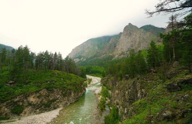 Buryatia 'nın en güzel doğal yerlerinde yaz yürüyüşü, bir dağ nehrinde durur.