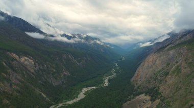 Kasvetli yaz sabahı ve dağ nehrinin hızlı akışı Alla