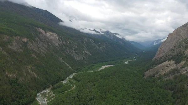 Summer gloomy morning and fast flow of the mountain river Alla