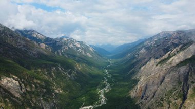 Kasvetli yaz sabahı ve dağ nehrinin hızlı akışı Alla
