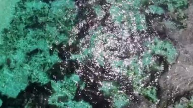 Pantai Pandawa yakınlarındaki resifler ve parlayan su ile güzel okyanus tabanının havadan görünüşü. Bali, Endonezya.