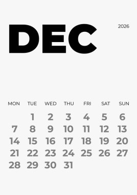 Takvim 2026 Aralık. Hafta pazartesi başlıyor. Şirket planlama şablonu. Ev ve ofis için basit bir tasarım. Dikey tasarım. Vektör çizimi. OFL yazı tipi. Sayfa A4. Yazdır