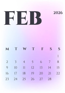 Takvim 2026 Şubat. Hafta pazartesi başlıyor. Gradyanı olan basit renkli takvim. Dikey tasarım. Vektör çizimi. OFL yazı tipi. A4 kağıt boyutunda. Yazdır