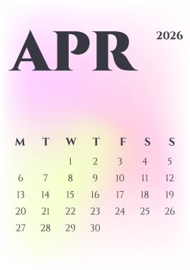 Takvim 2026 Nisan. Hafta pazartesi başlıyor. Gradyanı olan basit renkli takvim. Dikey tasarım. Vektör çizimi. OFL yazı tipi. A4 kağıt boyutunda. Yazdır