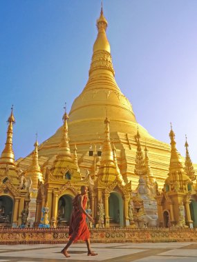 Budist rahip Shwedagon pagoda, Myanmar ünlü atrraction yürüyüş.