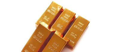 Beyaz Arkaplanda Parlak Altın Çubuklar Grubu. Kavramsal Finansal Yatırım Ticaret İş Yaşamları