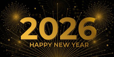 Mutlu yıllar 2026 Kutlama Şatafatı Parlak Havai fişekler Altın Siyah Arkaplan Çizimi Tasarımı