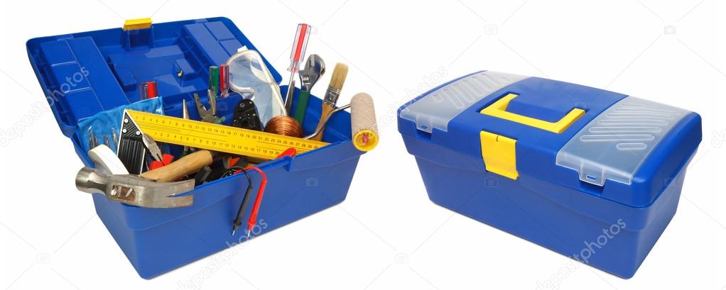Tool kit in blue box. Isolated on white 