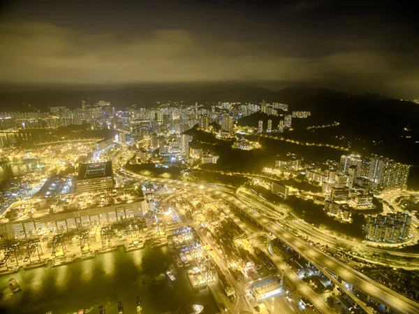 香港の夜景、カキヨウ、ビクトリア ・ ハーバー、石工の橋の空撮 — ストック写真