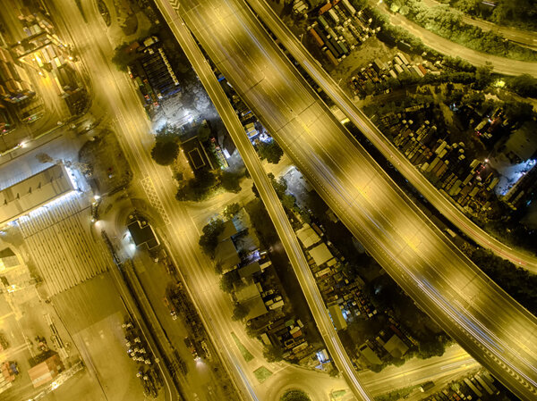 Aerial view of Hong Kong Night Scene, Kwai Chung, Victoria Harbour, Stonecutters' Bridge