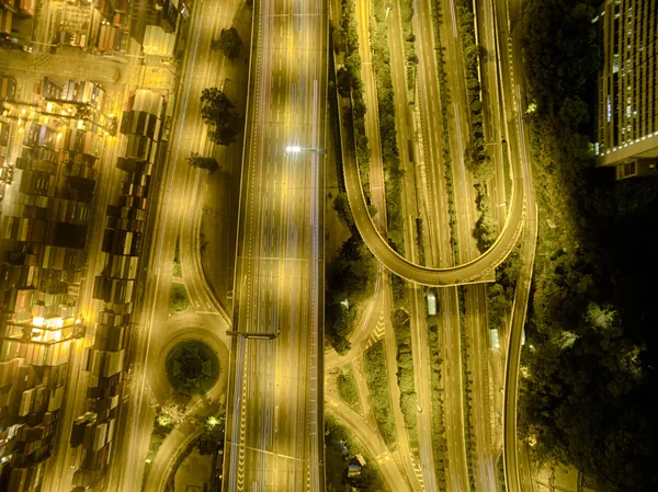 香港の夜景、カキヨウ、ビクトリア ・ ハーバー、石工の橋の空撮 — ストック写真