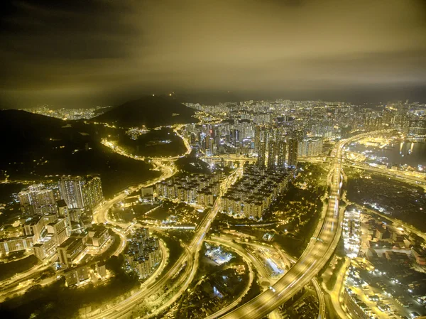 香港の夜景、カキヨウ、ビクトリア ・ ハーバー、石工の橋の空撮 — ストック写真