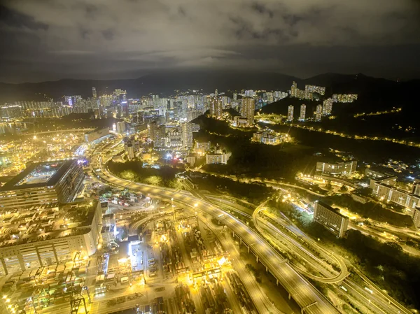 Vue Aérienne de Hong Kong Night Scene, Kwai Chung, Victoria Harbour, Stonecutters 'Bridge Photo De Stock