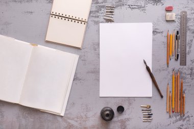 Vintage çalışma alanı üzerinde Üstten Görünüm