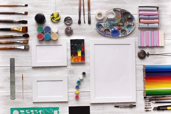 Desktop workplace designer, artist, painter — Stock Photo, Image