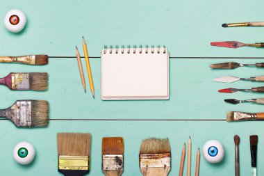 Top view of art workplace