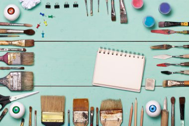 Top view of art workplace