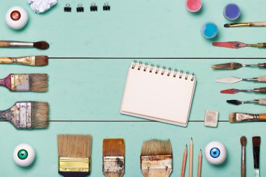 Top view of art workplace