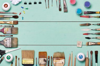 Top view of art workplace