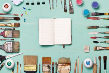 Top view of art workplace