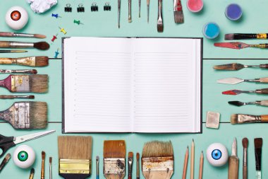 Top view of art workplace