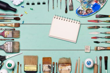 Top view of art workplace