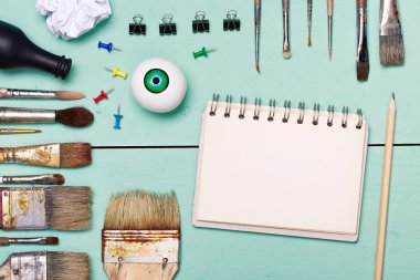 Top view of art workplace