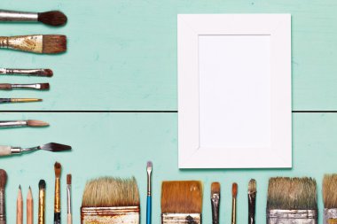 Top view of art workplace