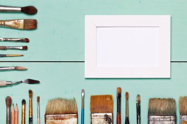 Top view of art workplace