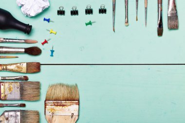 Top view of art workplace