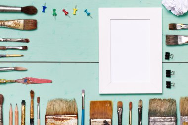 Top view of art workplace