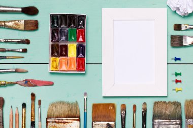 Top view of art workplace