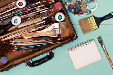 Top view of art workplace