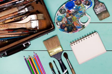 Top view of art workplace