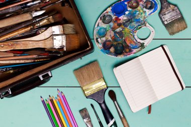 Top view of art workplace