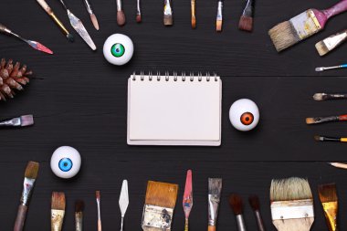 Top view of art workplace