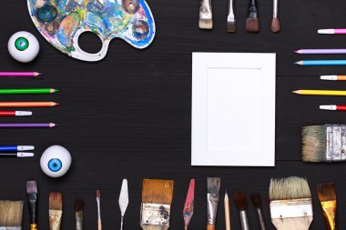 Top view of art workplace