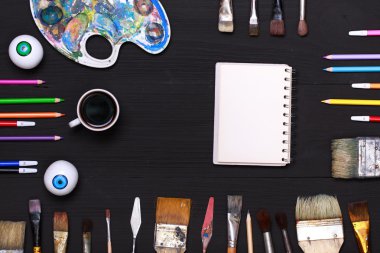 Top view of art workplace