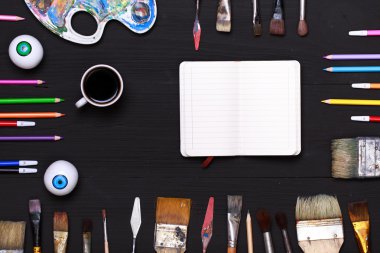 Top view of art workplace