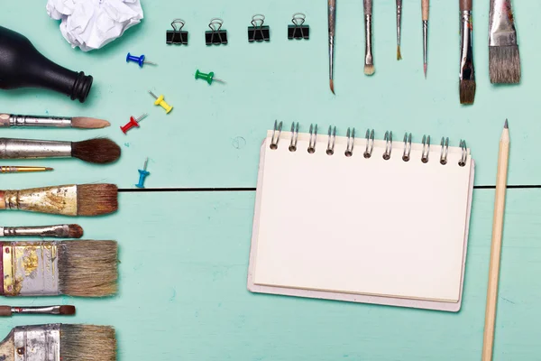 Top view of art workplace