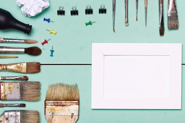 Top view of art workplace