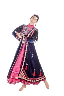 Studio photo of a young woman isolated on white background in traditional Muslim clothing Bashkirs, residents of the Republic of Bashkortostan clipart