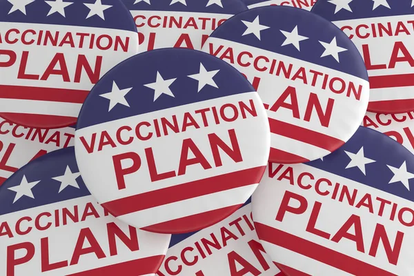 Pila de Botones del Plan de Vacunación con Bandera de EE.UU., ilustración 3d — Foto de Stock
