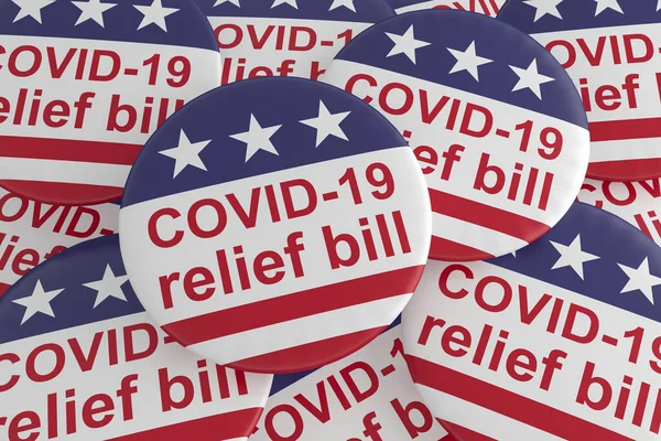 载有美国国旗的COVID-19救济券按钮一卷，3D插图 免版税图库照片