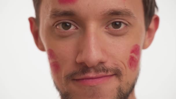 Gorgeous Man Light Brown Eyes Moustache Red Kiss Marks Face — Stok Video