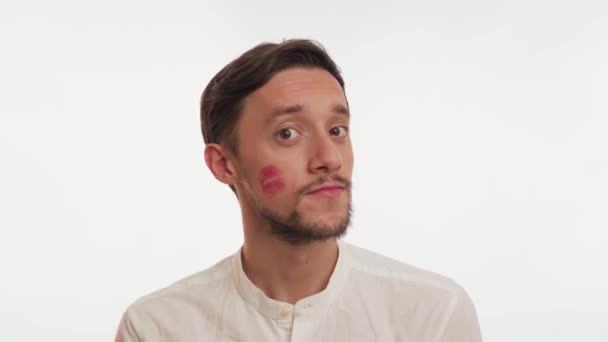 One Attractive Brunette Man Beard Wears Shirt Looks Straight Ahead — Stock Video