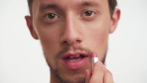 One Confident Attractive Young Bearded Brunette Man Holding Lipstick Lip — Stock Video