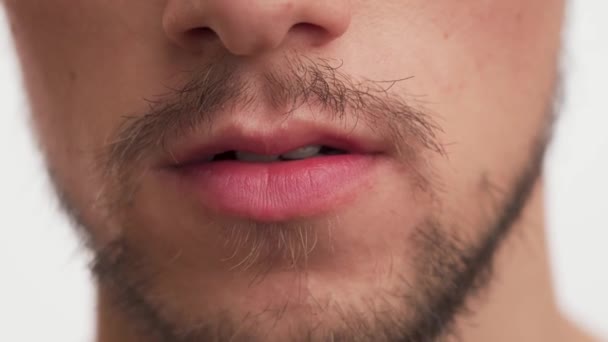Close Facial View Male Mouth Pink Lips Crooked Teeth White — Stock Video